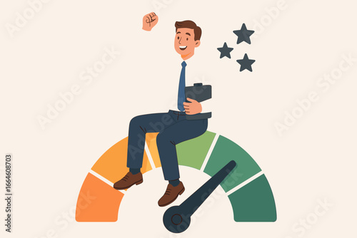 Performance evaluation concept with a happy businessman on a satisfaction meter. Employee rating assessment, appraisal review for high potential staff and job candidate success.