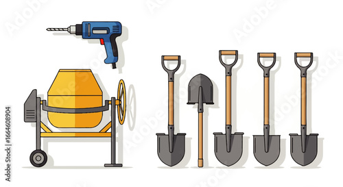 Construction Tools Set Cement Mixer, Drill, and Shovels for Building and Repair