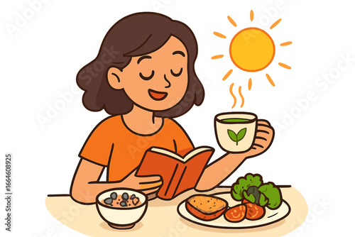 Woman enjoying a healthy morning routine with book and herbal tea. Self-care and wellness concept with nutritious food. Mindful lifestyle and good habit cartoon vector illustration.