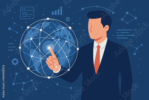 Businessman touching global network connection and data exchanges on internet. Network, digital software development, algorithm, data science, social networking. Worldwide concept.
