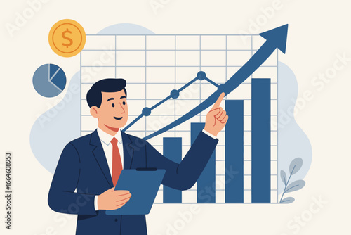 Businessman pointing arrow up. Financial analysis of sales data and economic growth. Graph chart showing investment profit, stock market success, and valuable assets.