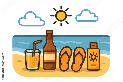 Summer beach vacation essentials icon set. Vector illustration of seaside relaxation with sunscreen, flip flops, juice and beer. Travel and holiday concept on a sunny day.