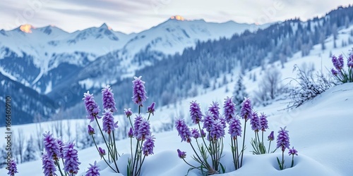 Lila Krokusse blühen zwischen schmelzendem Schnee in den Bergen,  Frühling,   Wildnis