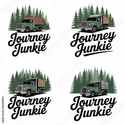Green trucks in forest with journey junkie text logging truck