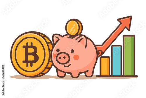Bitcoin investment and savings concept with piggy bank and crypto currency coin. Financial success and money saving strategy with growth graph. Digital currency profit chart vector.