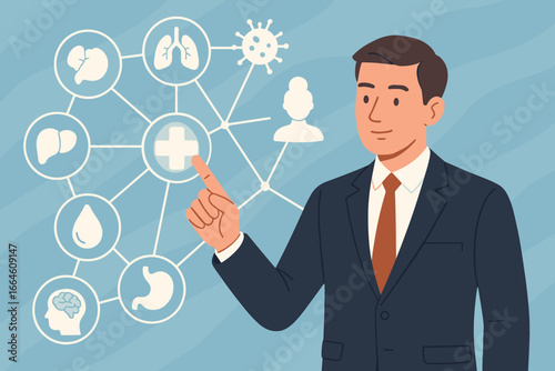 Businessman using futuristic virtual screen with medical icons. Digital health, online diagnosis, healthcare technology, and insurance concept. Man pointing to health network. Vector.