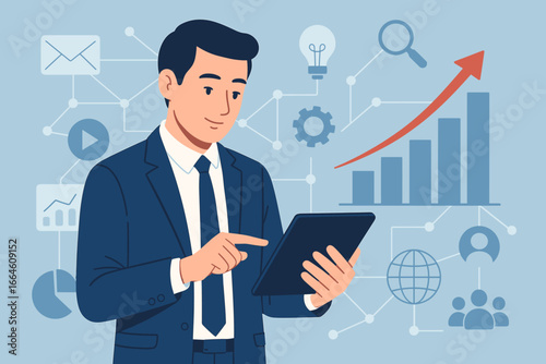 Businessman using tablet for digital online marketing and sales data analysis. Concept of business growth, strategy, solution development with modern interface icons and graphs.
