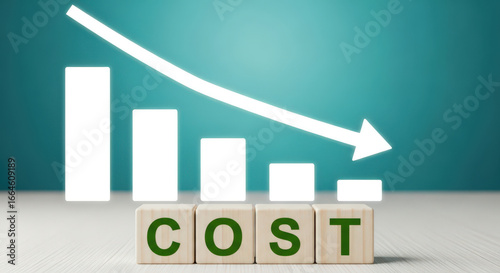 Depicting Cost Reduction A Visual Representation of Decreasing Expenses with a Downward Arrow and Wooden Blocks Spelling Cost on a Gradient Background