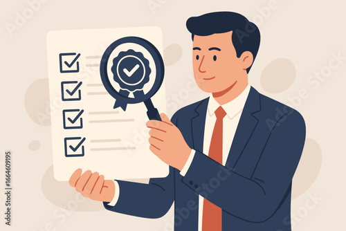 Standard quality control, certified approval concept. Businessman with magnifying glass checks guarantee checklist. Corporate policy, compliance, and assurance inspection.