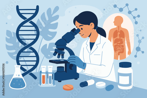 Genetic research and biotech science concept. Female scientist in lab with microscope studying DNA. Human biology and pharmaceutical technology for medical innovation vector.