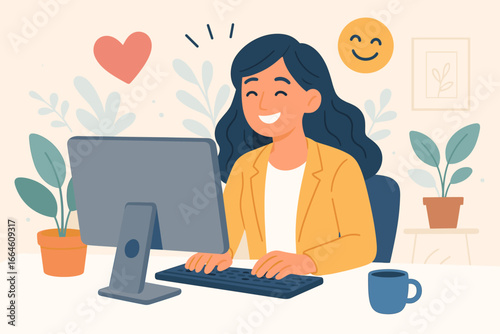Work happiness and job satisfaction concept. Happy businesswoman with passion and enjoyment working at her desk. Employee wellbeing and positive mindset in the company. Vector.