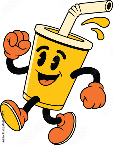 Happy juice cup cartoon, running drink character, yellow beverage mascot, straw splash illustration, vector food icon, editable layered artwork, isolated clipart design
