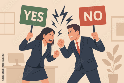 Yes or No argument concept. Businessman and woman in conflict, disagreement or office rivalry. Colleagues fighting, debating and having a dispute. Confrontation and struggle.