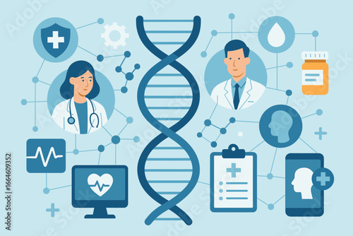 Digital health care and medical network concept. DNA helix for science and genetic research. Telemedicine with doctors, EMR, and health app. Modern vector illustration.