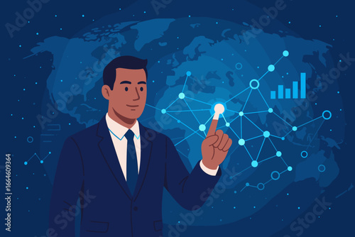 Businessman touching global network, data exchanges. Futuristic technology connecting the world. Big data, innovation, internet. Modern flat vector cartoon character concept.