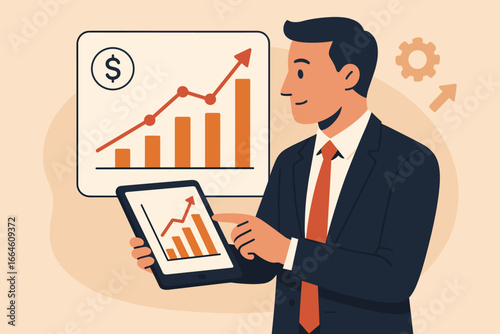 Businessman analyzing financial data on a tablet and screen. Concept of business growth, investment strategy, market analysis, and profit increase. Vector cartoon illustration.