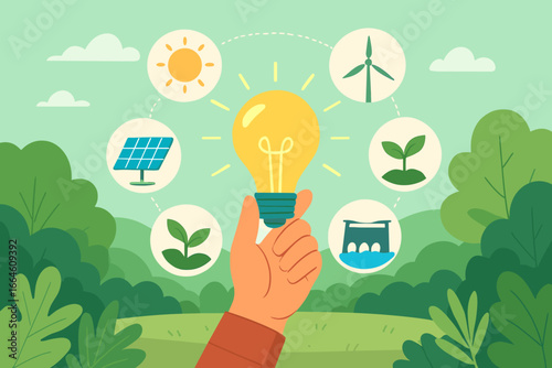 Hand holding light bulb surrounded by renewable energy icons. Concept for sustainability, ecology, and green power. Solar panel, wind turbine, and water energy sources.