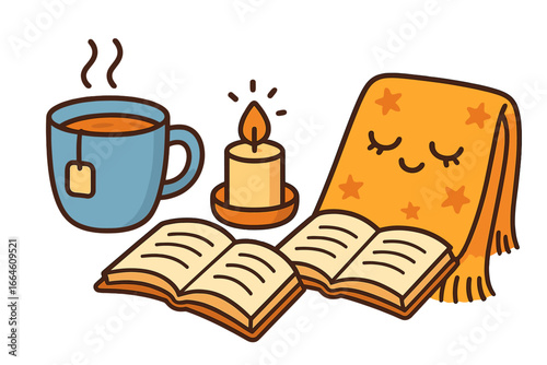 Cozy evening essentials for relaxation with a hot tea mug, an open book, and a warm candle. Cute kawaii vector illustration for hygge lifestyle concept for comfort, reading, self-care.