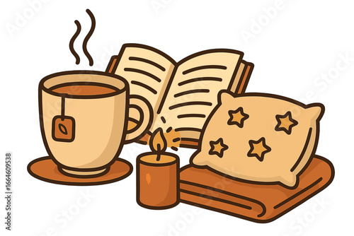 Cozy hygge lifestyle concept for relaxation. Autumn or winter evening at home with hot tea, book, candle, pillow, and warm blanket. Self-care and comfort vector icon.