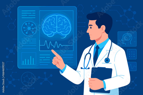 Doctor analyzing brain scan on a futuristic virtual interface. Medical technology, neurology diagnostics, and neuroscience research. Healthcare innovation laboratory concept.