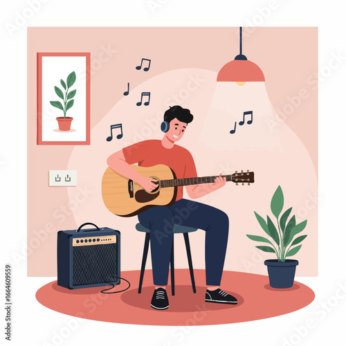 Man Playing Acoustic Guitar at Home, Enjoying Music