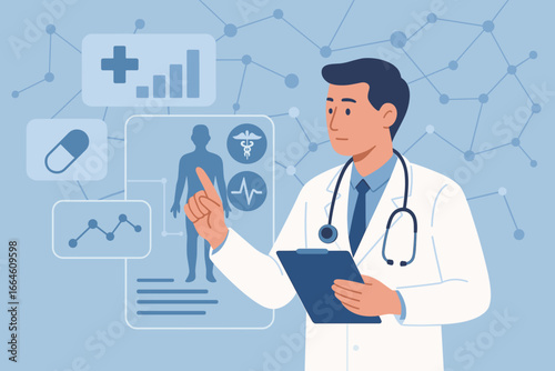 Healthcare and medical innovation. Doctor with stethoscope analyzing patient data on a futuristic virtual interface. Medical research, diagnosis, and network data analysis.