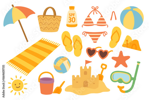 Collection of summer beach essentials and vacation items. Vector illustration set with umbrella, sandcastle, bikini, ball, and sunscreen for seaside holiday and travel concepts.