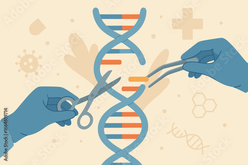 Gene editing vector illustration. Scientist hands replacing part of a DNA molecule. Concept for genetic engineering, biotechnology, DNA modification, CRISPR gene therapy.