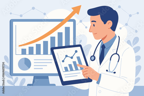Healthcare Analytics Business Growth Chart, Medical Data Analysis, Doctor Reviewing Digital Medical Report with Tablet, Hospital Network Connection, Modern Flat Vector Illustration for Health Industry