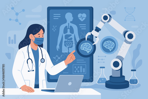 Doctor uses AI and a robotic arm for brain diagnosis. Innovative medical technology. Artificial intelligence in a futuristic laboratory for research and development. Digital health concept.