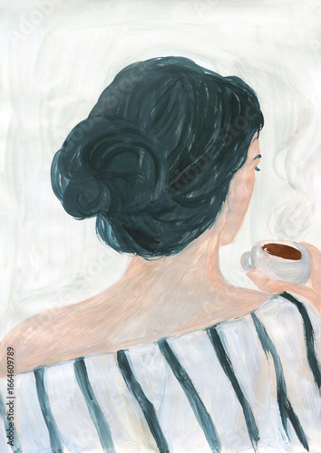 Young woman drinking coffee. illustration