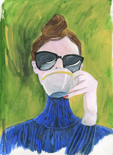 Young woman drinking coffee. illustration