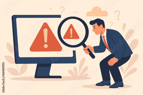 Incident management and root cause analysis. Businessman with magnifier investigating critical failure on computer. Problem solving, risk identification, and system error concept.