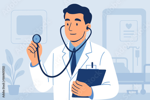 Doctor with stethoscope and clipboard in hospital room. Concept for medical examination, healthcare service, diagnosis, and treatment. Physician providing quality patient care.