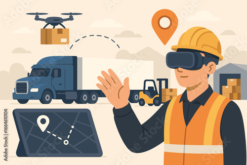 Engineer with VR headset managing supply chain logistics. Future of transportation industry with AR, drone delivery, truck, and forklift. Modern warehouse technology concept.