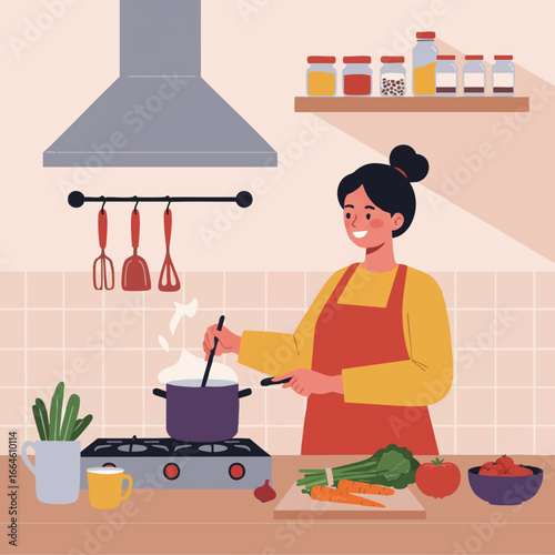 Smiling woman cooking a healthy meal in a clean, modern kitchen, stirring a pot on the stove with fresh vegetables and utensils, showing the joy of home cooking