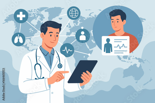 Doctor using tablet for patient diagnosis on a global medical network. Telemedicine, healthcare technology, and innovation concept. Online consultation and virtual medical care.