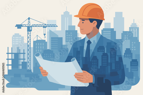 Double exposure vector of a construction engineer with blueprint. Cityscape background with crane. Concept for architecture, urban development, building projects, and planning.