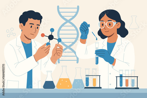 Scientists in lab doing research. Man holds molecule, woman uses pipette with test tube. DNA helix. Medical, chemistry, biology experiment. Teamwork in laboratory. Vector.
