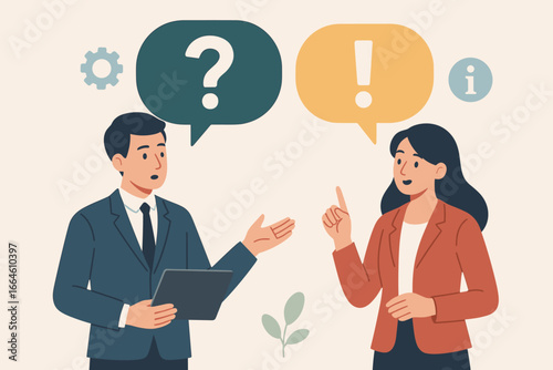 Q&A, question and answer concept. Business people working on a dialog. Man asks a question, woman gives the solution. FAQ, frequently asked question, information and advice vector.