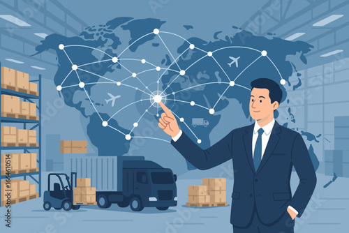 Smart logistics and global supply chain concept. Businessman manager connecting world network for distribution, import, export. Warehouse, transportation and technology.