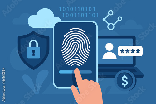 Cyber security and future technology safety. Biometric identification via fingerprint scan for internet access, business data security, and personal identification. Cloud computing.