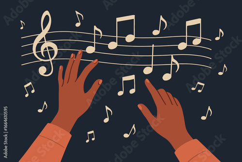 Hands of a composer or musician creating music. Woman pointing at notes on a musical staff with a treble clef. Concept of learning, inspiration, and creativity. Vector art.