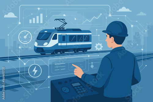 Engineer at control panel with virtual interface for train data analysis. Modern transport technology concept with smart railway system, network diagnostics, and logistics.