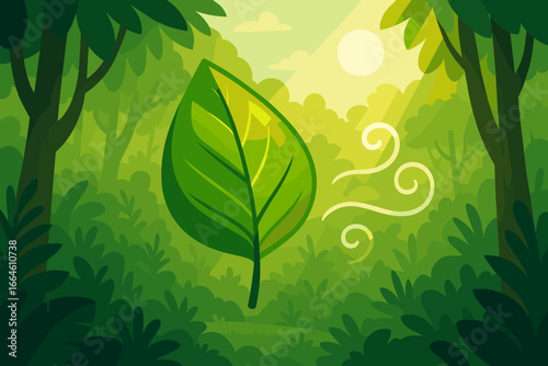 Green leaf in a tropical forest for CO2 reduction. Clean environment concept without carbon dioxide emissions. Ecology, fresh air, nature, and climate sustainability.
