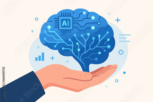 Hand holds an AI brain. Intelligent learning system with data and algorithms. Machine learning and development concept. Cybernetic intelligent brain for business and science.