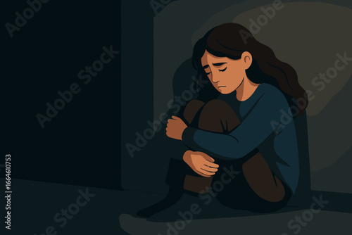 Depressed sad woman sits alone in dark room. Mental health disorder, psychology concept. Person with anxiety, stress, grief, despair, loneliness, solitude problem. Vector