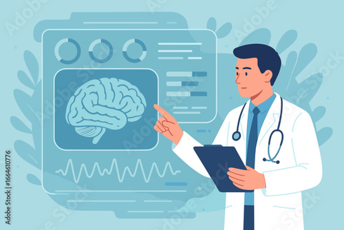 Doctor analyzing brain scan on futuristic screen. Neurologist examines neurology data. Medical technology, neuroscience research. Health care innovation, diagnosis concept. Vector.