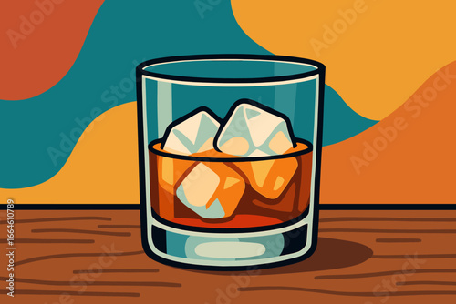 Whiskey or bourbon in a glass with ice cubes on a wooden table. Modern flat vector cartoon illustration. Concept of an alcoholic beverage for a bar menu or party poster.