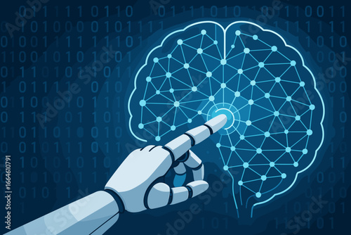 Robot hand touching a digital brain. Futuristic artificial intelligence (AI) concept for deep learning, neural network, and algorithm innovation with binary data background.